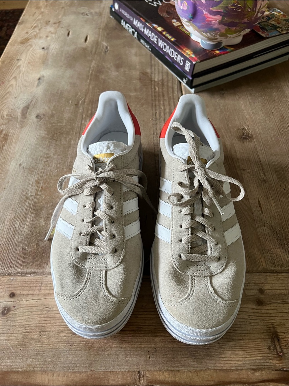 adidas Beige Suede Platform Sneakers with White Stripes and Red Heel - Picture 2 of 13